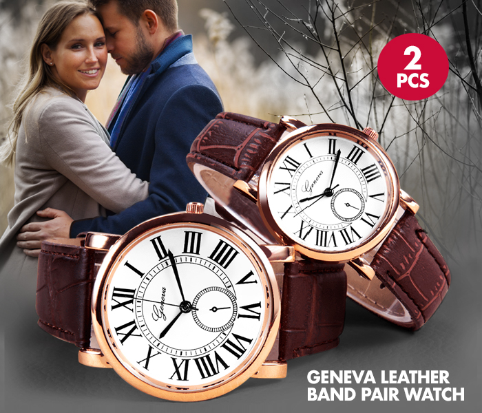 Geneva GP101 Analog Leather Band Couple Watch - Brown - Zoom Image 1