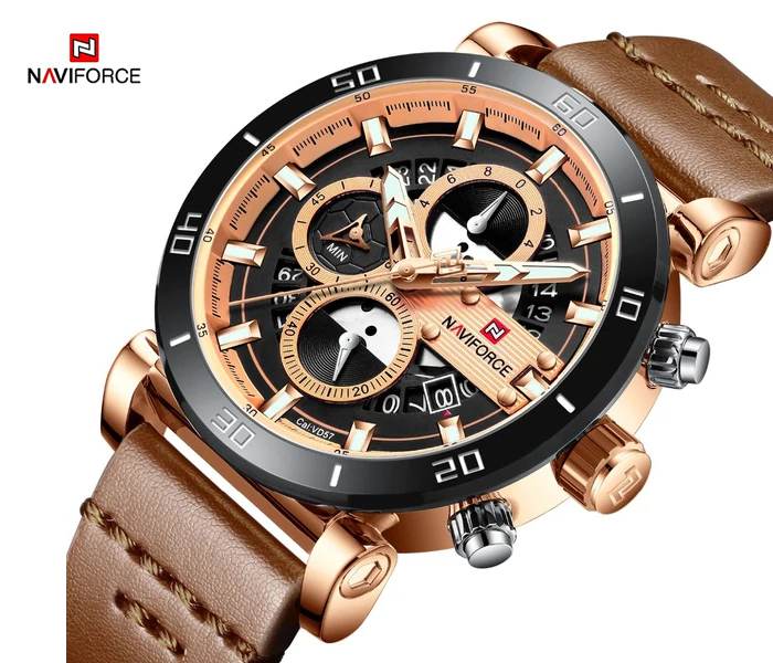 Naviforce 9131 Men Luxury Chronograph Leather Starp Watch - Gold - Zoom Image 2