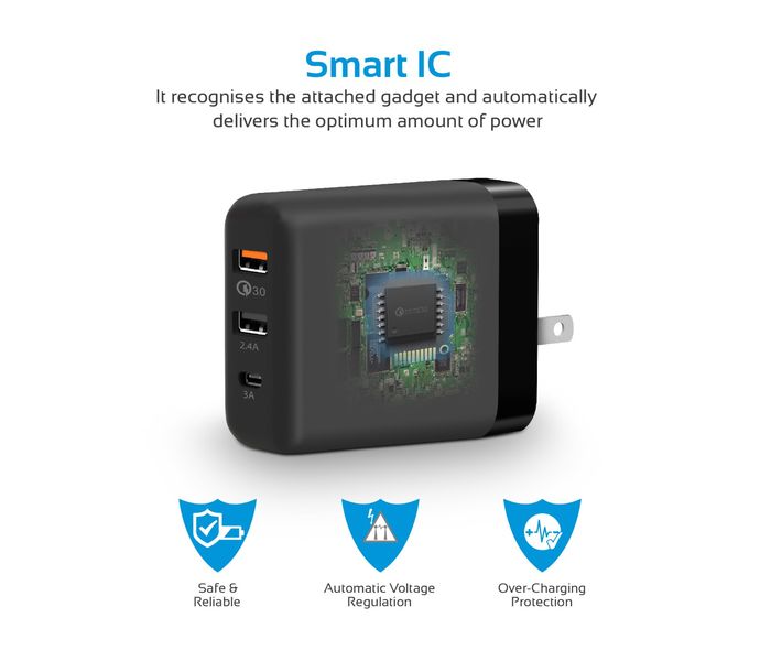 Promate PowerHub-QC.UNI 30W Quick Charging Universal USB C Wall Charger, Black - Zoom Image 4