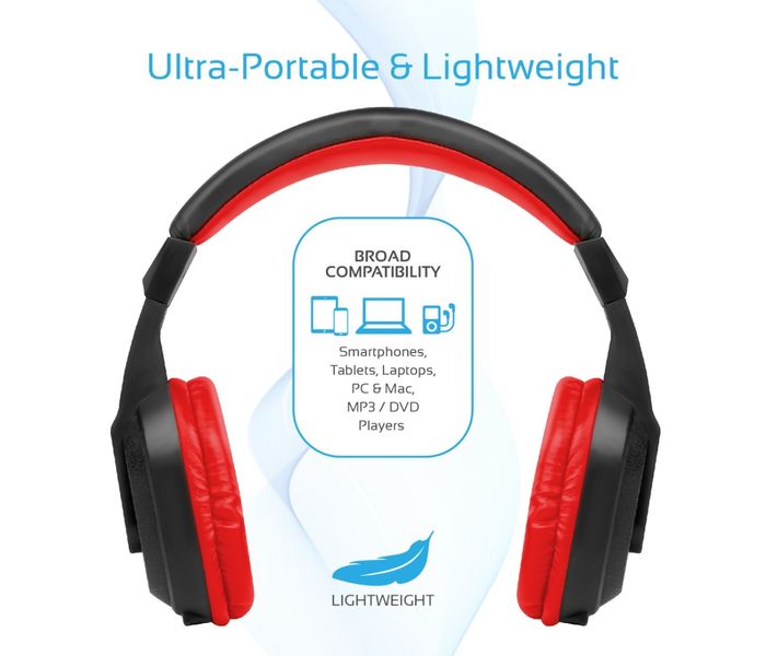 Promate Tempo-Bt 2-In-1 Rechargeable Over-Ear Wireless and Wired Stereo Headset with Microphone, Red - Zoom Image 3