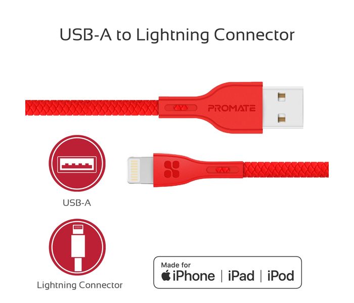 Promate Powerbeam-i Lightning to USB-A Charging Cable - 1.2 Metre, Red - Zoom Image 2