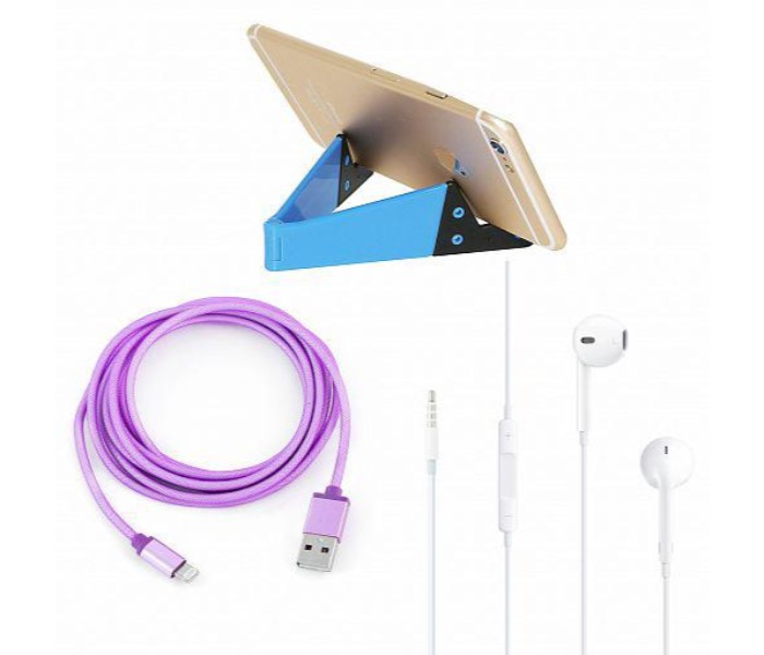 ZE Fashionable 3 in 1 Gift Set for Mobile 2 Meter Lightning Cable, V Shape Desk Stand Holder, Earpods Handsfree with Remote and Mic CE1456 Multicolor - Zoom Image 3