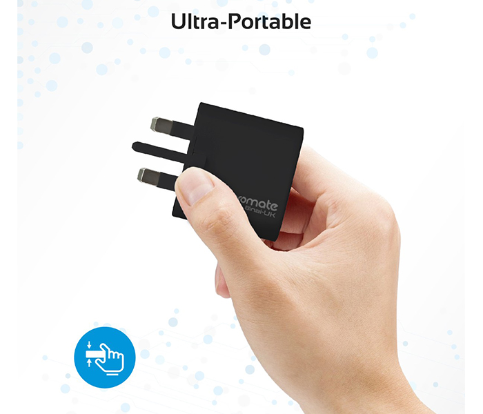 Promate Binal-UK 2.4A Ultra Compact Dual USB Port Wall Charger - Black - Zoom Image 2