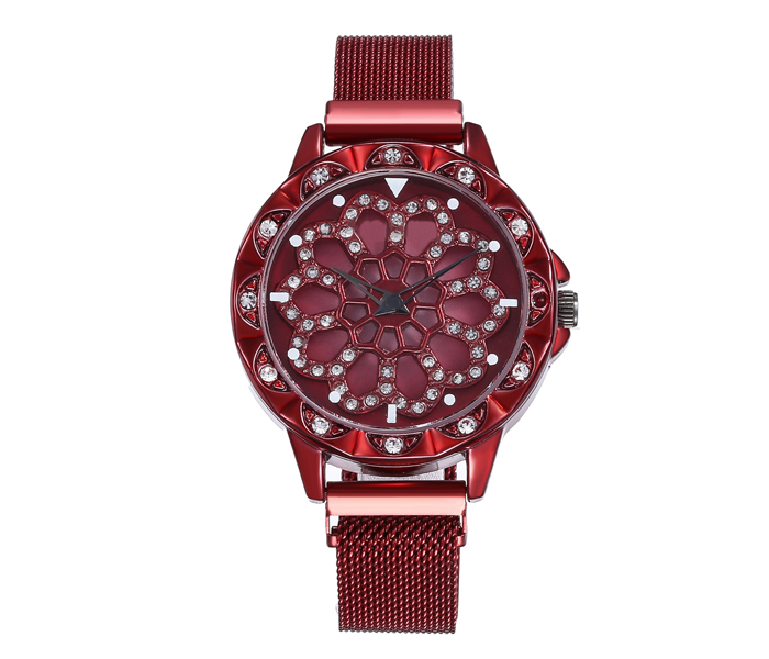 Sphere 360 Rotation Womens Magnetic Stainless Steel Mesh Strap Watch - Maroon - Zoom Image