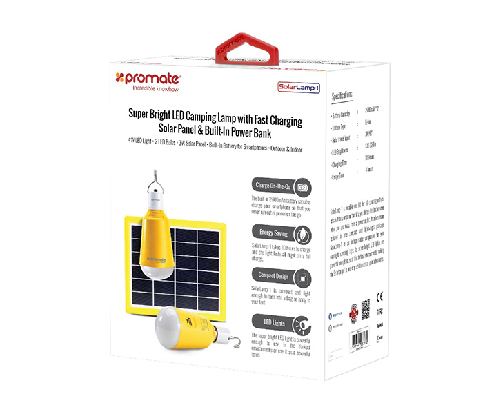 Promate SolarLamp-1 Built-in Power Bank LED Camping Lamp with Solar Panel - Yellow - Zoom Image 5