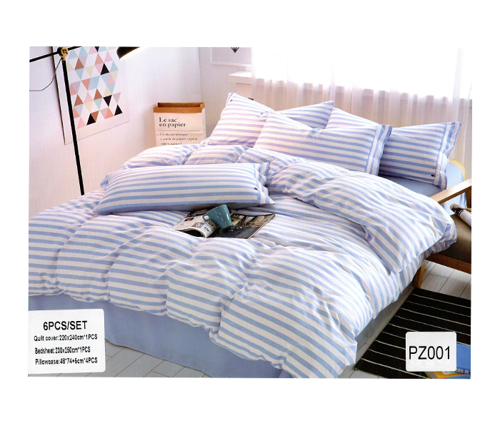 AMH PZ001 6 Pieces Striped Design Cotton Double Size Bed Sheet with Quilt Cover & Pillow Case - Cornflower Blue - Zoom Image