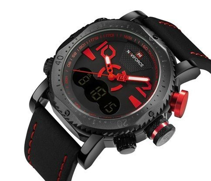 Naviforce 9094 Men Analog-Digital Leather Starp Watch - Red - Zoom Image 1