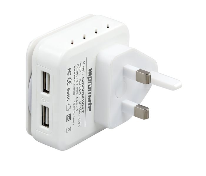 Promate SmartPlug-LT 4.4A Fast Wall Charger with Dual USB Port, White - Zoom Image 5