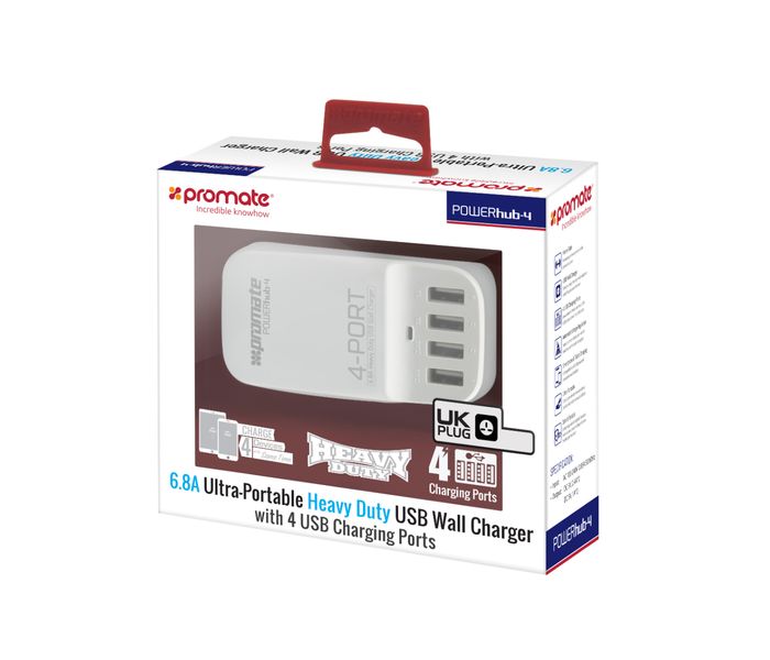 Promate PowerHub-4UK 6.8A High Speed USB Wall Charger with 4 USB Ports, White - Zoom Image 1