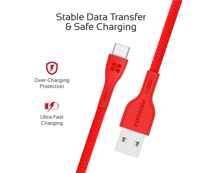 Promate Powerbeam-C USB to USB Type C Fast Charging Cable with Over-Current Protection - 1.2 Metre, Red - Zoom Image 4