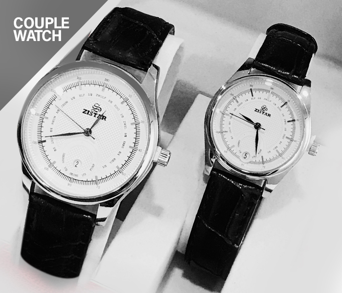 Zistar couple watch with leather Strap - Black & White - Zoom Image 2