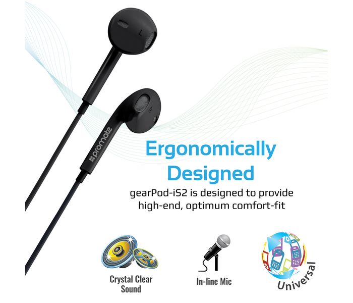 Promate Gearpod-Is2 Lightweight High-Performance Stereo Earphones, Black - Zoom Image 1