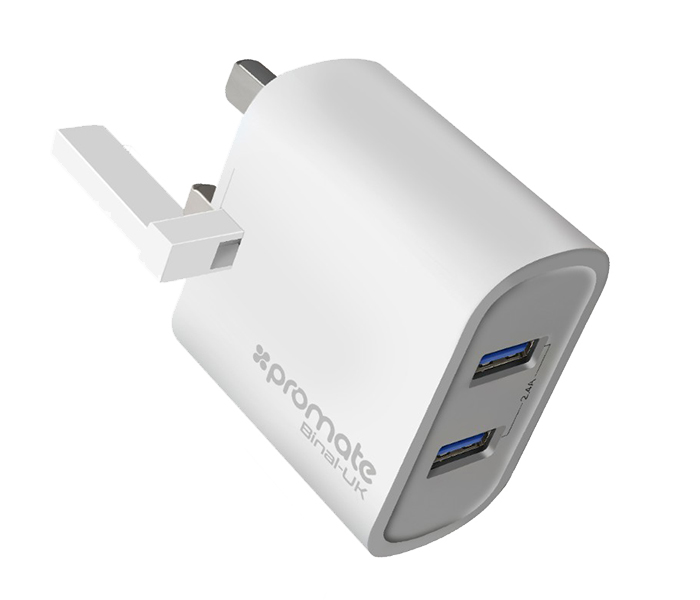 Promate Binal-UK 2.4A Ultra Compact Dual USB Port Wall Charger - White - Zoom Image 6