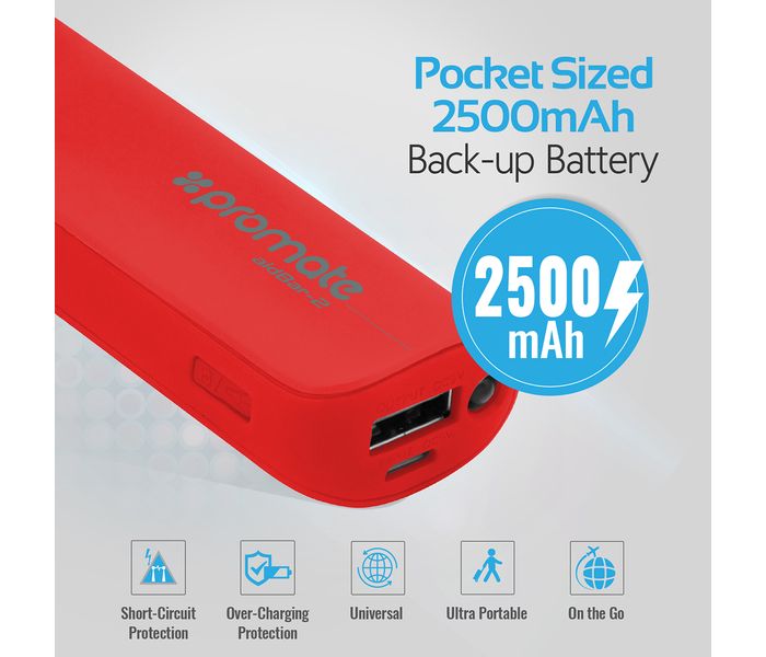 Promate Aid Bar-2 2500 mAh Ultra Compact Universal Power Bank, Red - Zoom Image 1