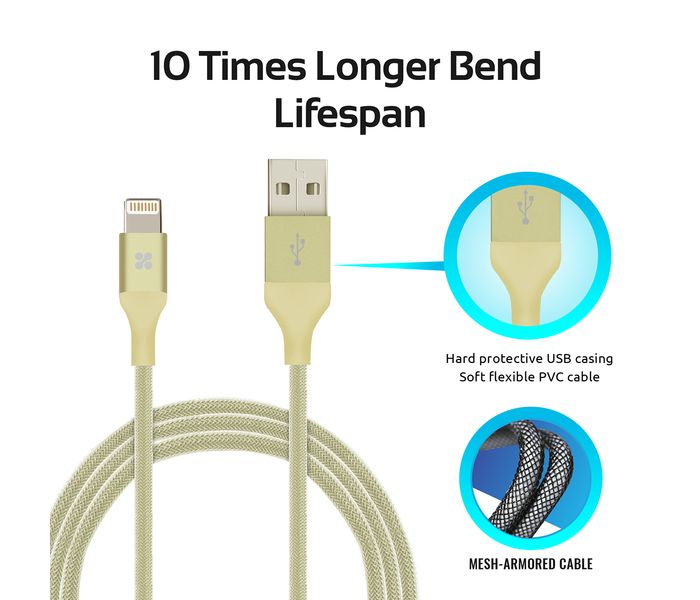 Promate Cable-LTF Heavy Duty Mesh Armored USB Lightning Charge Cable - Gold - Zoom Image 7