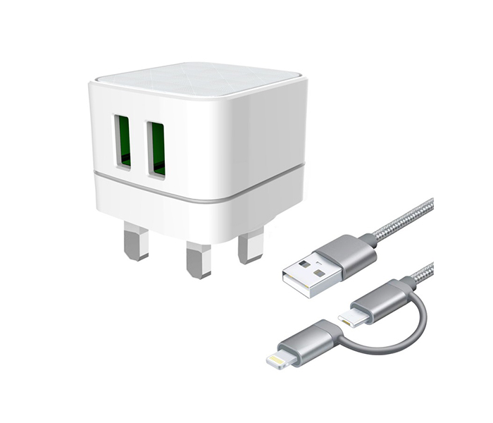 iends IE-AD847 Dual USB Travel Charger with 2 in 1 Cable - White - Zoom Image 4