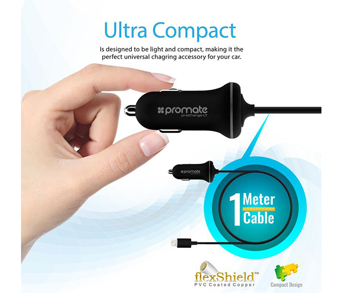 Promate PROCHARGELT Car Charger with Lightning Connector for iPad, iPhone, and iPod - Black - Zoom Image 1