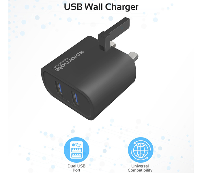 Promate Binal-UK 2.4A Ultra Compact Dual USB Port Wall Charger - Black - Zoom Image 1