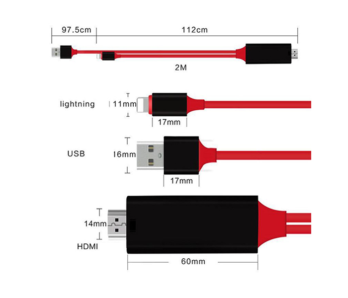 Lightning to HDMI HDTV Cable for Apple iPhone - Red - Zoom Image 2