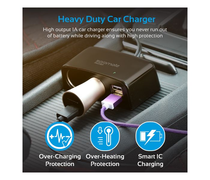 Promate CMS-5 2 Way Multi Socket Car DC Outlet Splitter with Dual USB Ports, Black - Zoom Image 3