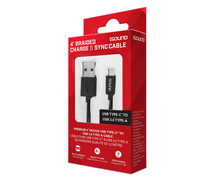 I Sound 6101 4Ft Nylon Braided Type C USB Cable - Black - Zoom Image 1