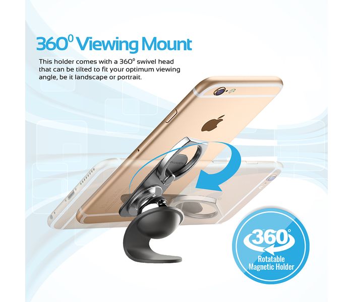 Promate RingMount 2 in 1 Phone Ring & Car Mount Holder with Stand for All Mobile Phones - Grey - Zoom Image 4