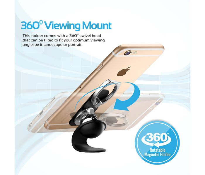 Promate RingMount 2 in 1 Phone Ring & Car Mount Holder with Stand for All Mobile Phones - Black - Zoom Image 4