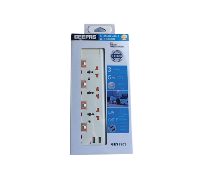 Geepas GES5803 3 Way Extension Socket with 2 USB Port - White - Zoom Image