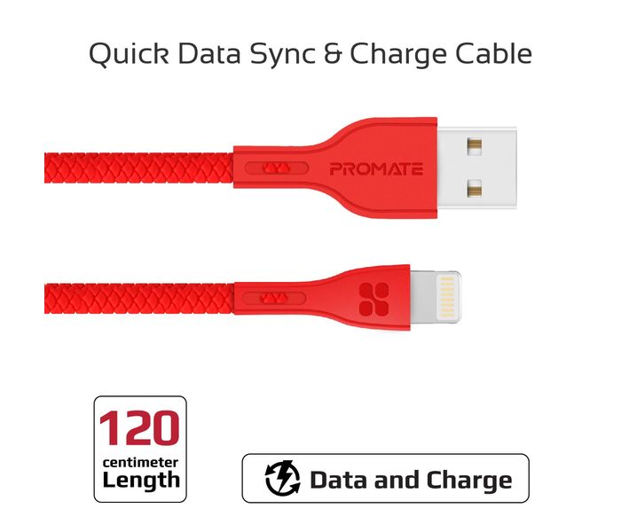 Promate Powerbeam-i Lightning to USB-A Charging Cable - 1.2 Metre, Red - Zoom Image 1