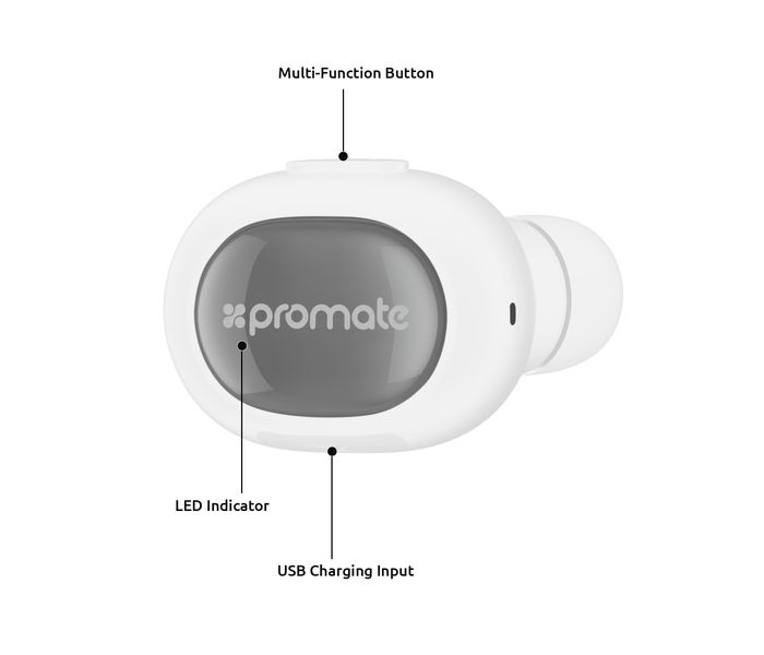 Promate Halo Lightweight Universal Wireless Mono Earphone, White - Zoom Image 1