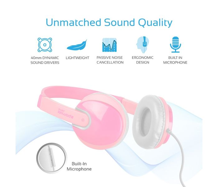 Promate Jamz Kiddie Over-The-Ear Wired Stereo Headset with HD Sound, Pink - Zoom Image 2