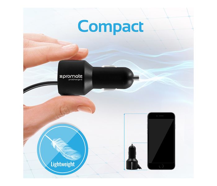 Promate ProCharge-C Ultra Fast Dual USB Type C Car Charger, Black - Zoom Image 4