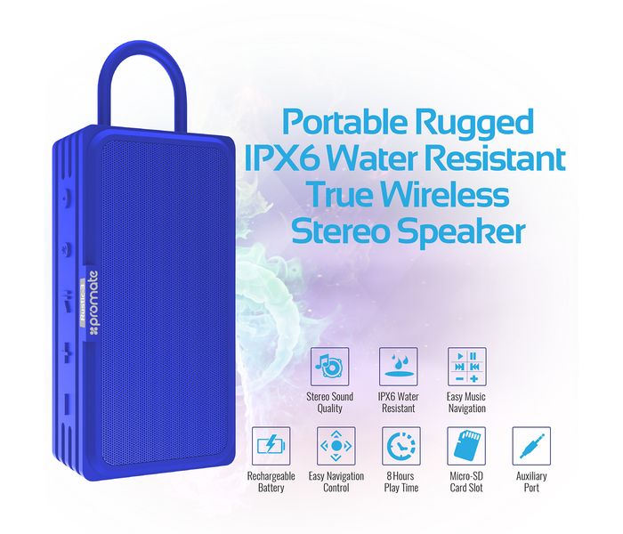 Promate Rustic-3 10W IPX6 Waterproof Wireless Speaker with Micro SD Card Slot - Blue - Zoom Image 1