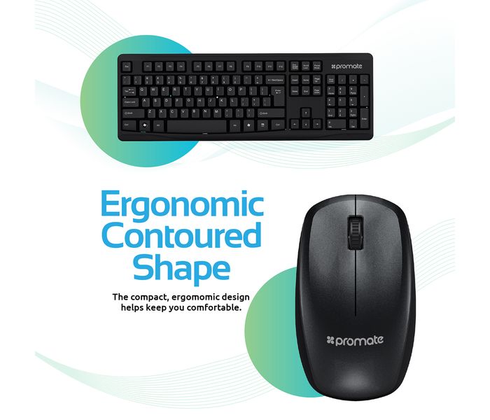 Promate Keymate-1 2.4Ghz Professional Ergonomic Wireless Keyboard & Mouse, Black - Zoom Image 2