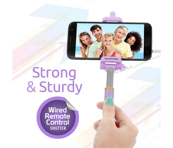 Promate Minipod Perfectly Foldable Extendable Selfie Stick Pole Wire Monopod with Remote Shutter, Purple - Zoom Image 3