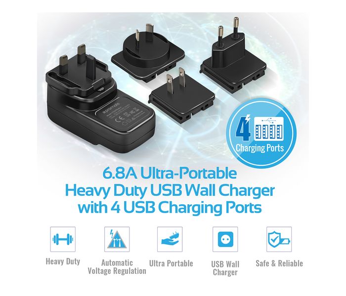 Promate PowerHub-4 6.8A High Speed USB Wall Fast Charger with 4 USB Ports, Black - Zoom Image 1