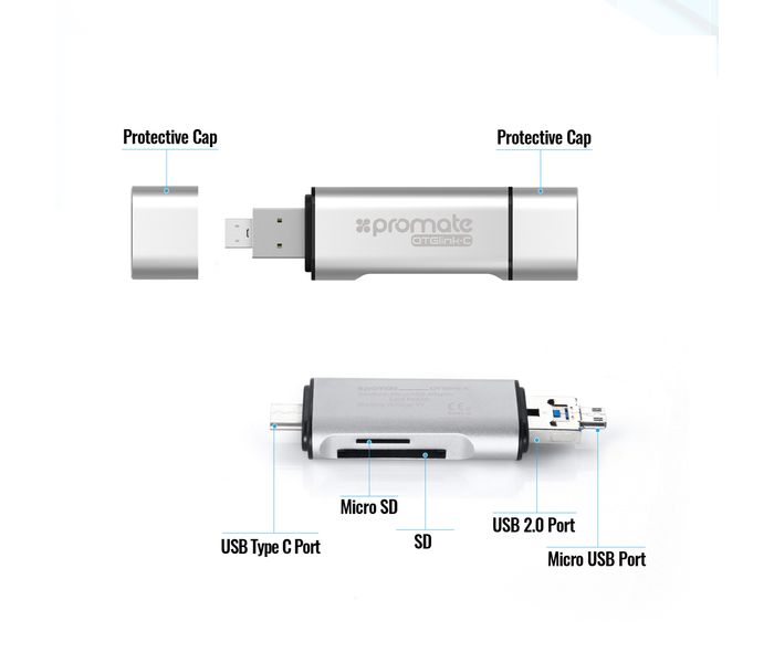 Promate OTGLink-C 3-in-1 USB Type-C OTG Card Reader for Smartphone, Tablets & Computers - Silver - Zoom Image 5