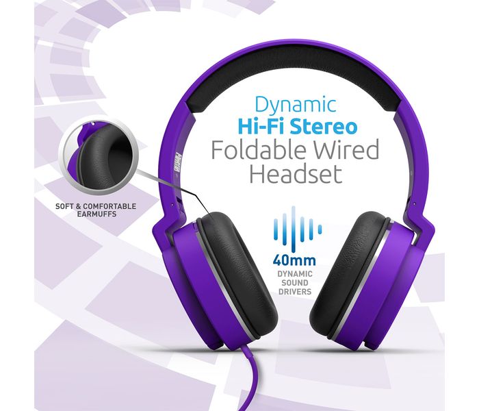 Promate Encore Lightweight Stereo Wired Heaphones with Padded Foldable Headband, Purple - Zoom Image 1