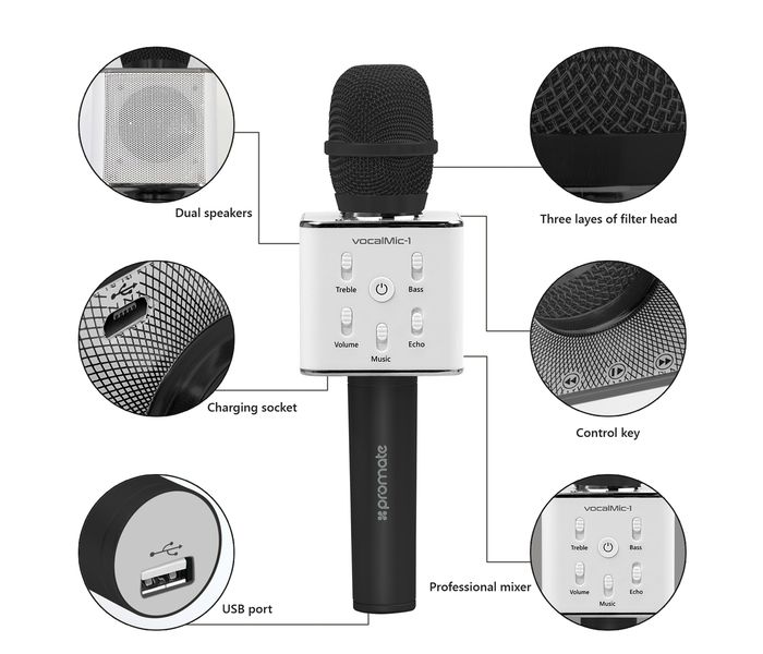 Promate VocalMic-1 Portable Wireless Bluetooth Microphone with Karaoke Player, Black - Zoom Image 3