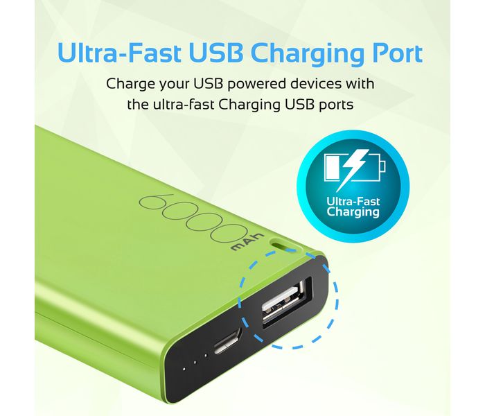 Promate Energi-6 6000 mAh Ultra Compact Portable Power Bank with 2.1A USB Port, Green - Zoom Image 2