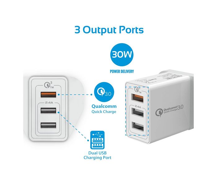 Promate Kraft-QC-UK 30W Quick Charge QC 3.0 Wall Charger with 3 USB Ports, White - Zoom Image 1