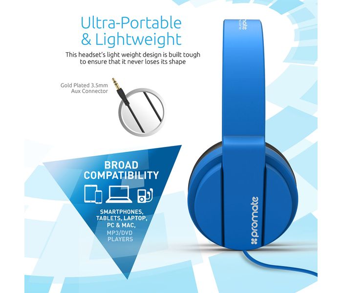 Promate Encore Lightweight Stereo Wired Heaphones with Padded Foldable Headband, Blue - Zoom Image 3