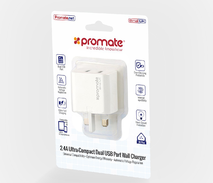 Promate Binal-UK 2.4A Ultra Compact Dual USB Port Wall Charger - White - Zoom Image 3