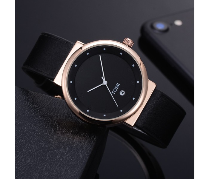 Tomi TM-0913 Maglo Faxes Genuine Quality Leather Band Wrist Watch for Unisex Black - Zoom Image