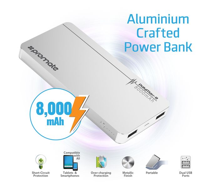 Promate PolyMax-8 8000 mAh Aluminum Power Bank with Ultra-Fast Dual USB Charging Ports, Silver - Zoom Image 1