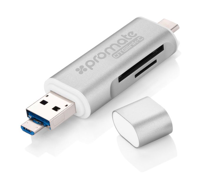 Promate OTGLink-C 3-in-1 USB Type-C OTG Card Reader for Smartphone, Tablets & Computers - Silver - Zoom Image 8