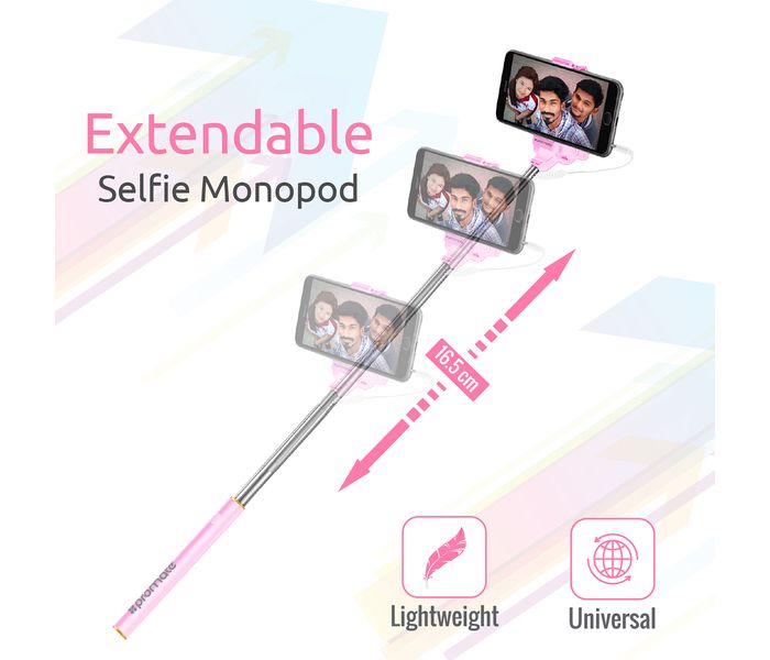 Promate Minipod Perfectly Foldable Extendable Selfie Stick Pole Wire Monopod with Remote Shutter, Pink - Zoom Image 2