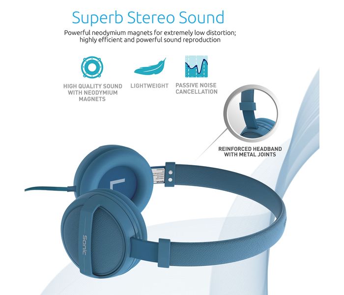 Promate Sonic Kid Friendly On Ear Stereo Wired Headset, Blue - Zoom Image 2