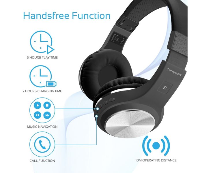 Promate Tango-Bt Foldable On-Ear Wireless Stereo Headset with Built-In Music Controls, Black - Zoom Image 5