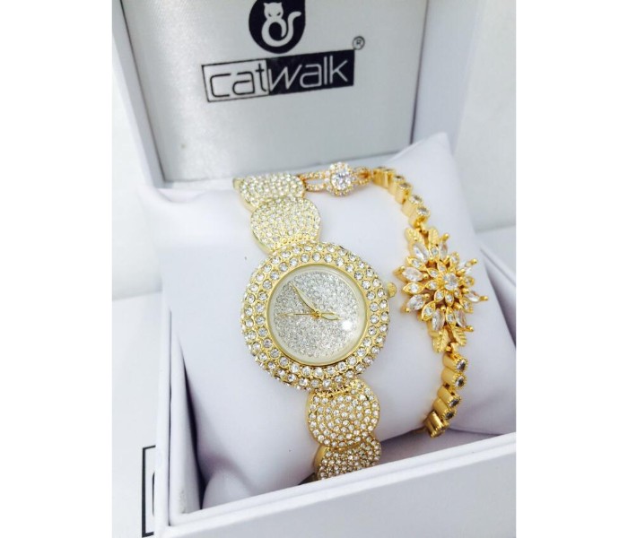 Catwalk CW-500P Genuine Quality Fashionable Cz Womens Watch with Beauty Bracelet and Ring Gold - Zoom Image